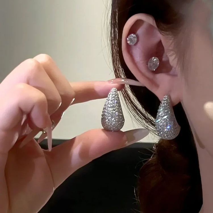 Fashion Jewelry Vintage Chunky Dome Drop Earrings For Women Glossy Stainless Steel Thick Zircon Inlaid Teardrop Earring Earrings Women - Artigo Importado