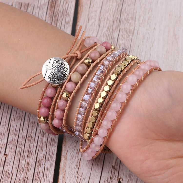 Natural Stone Bracelet Quartz Leather Wrap Bracelets For Women Rose Gems Beads Jewelry 5 Strand - Artigo Importado
