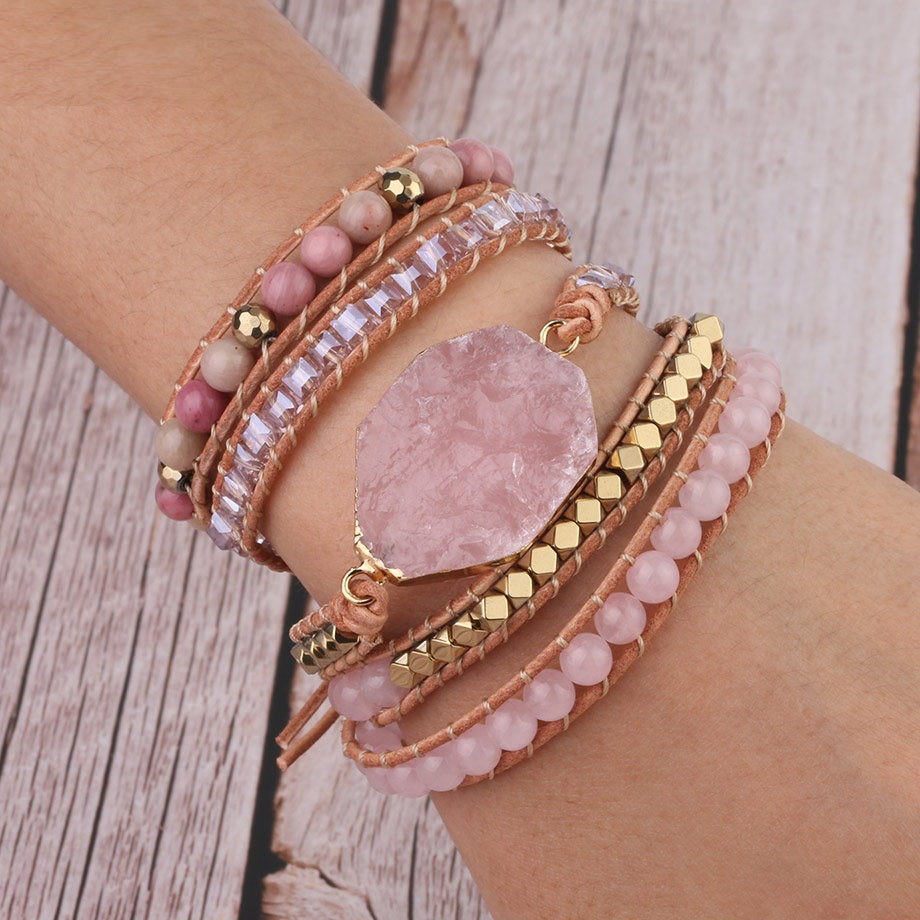 Natural Stone Bracelet  Quartz Leather Wrap Bracelets For Women Rose Gems Beads Jewelry 5 Strand - Artigo Importado