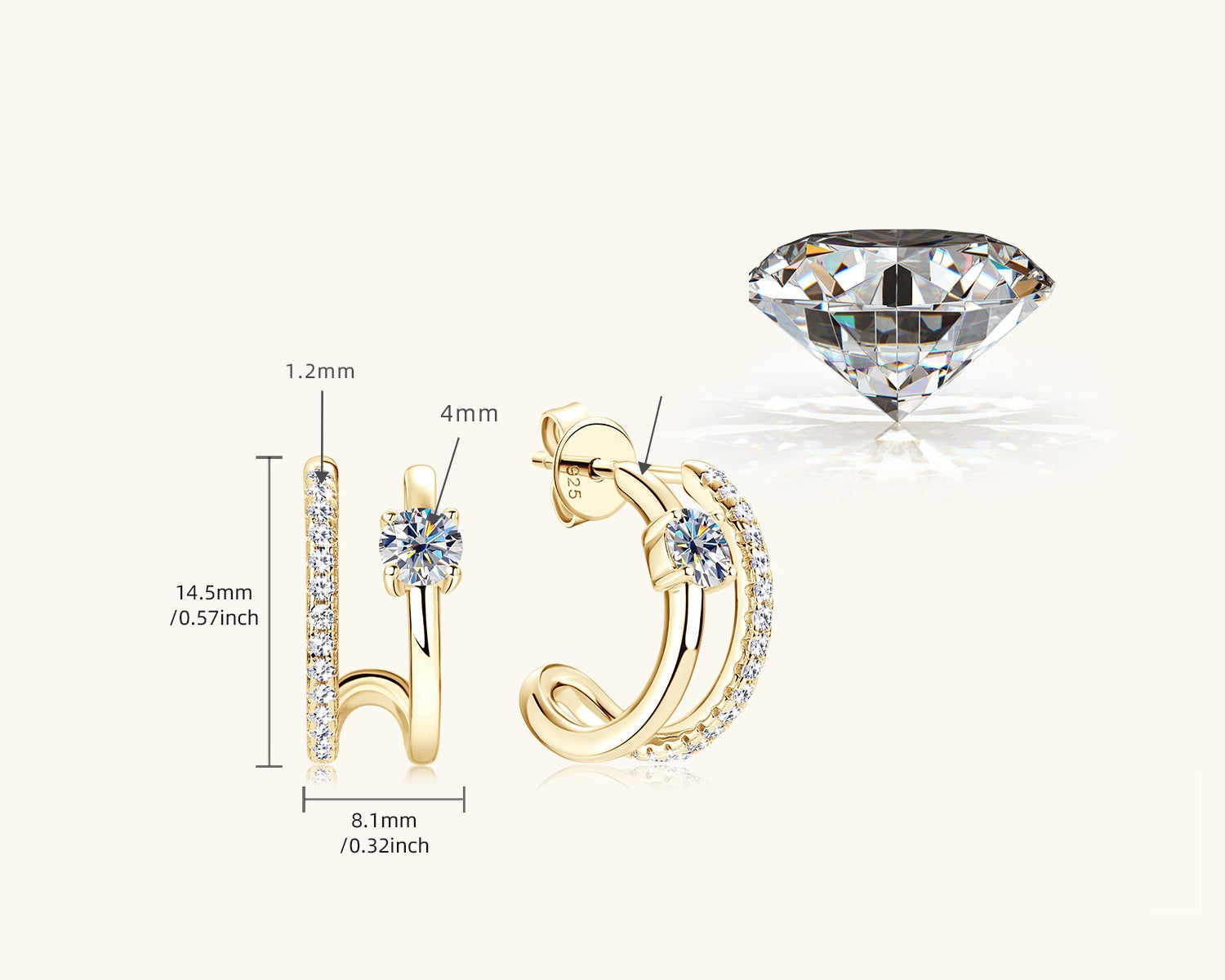 New S925 Sterling Silver Diamond Ear Stud Earring Women - Artigo Importado