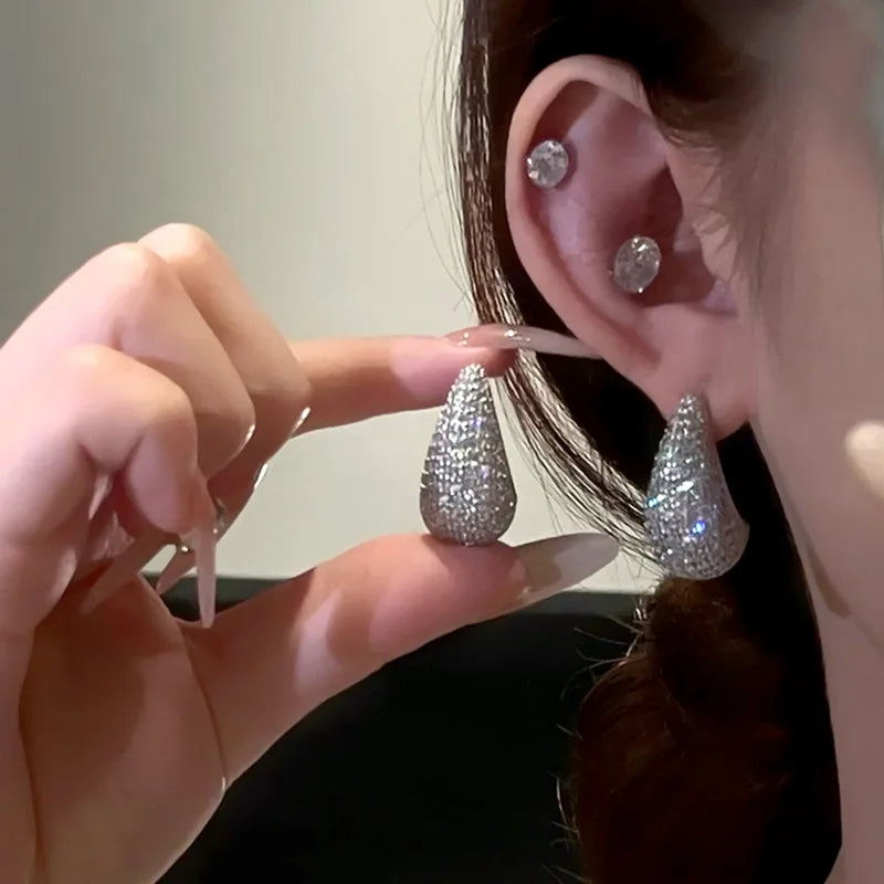 Fashion Jewelry Vintage Chunky Dome Drop Earrings For Women Glossy Stainless Steel Thick Zircon Inlaid Teardrop Earring Earrings Women - Artigo Importado
