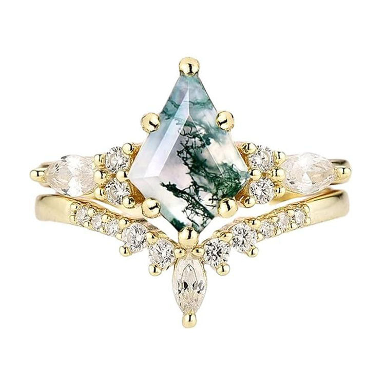 2pcs Fashion Rings Natural Green Moss Stone Agate Ring For Women Personalized Jewelry - Artigo Importado