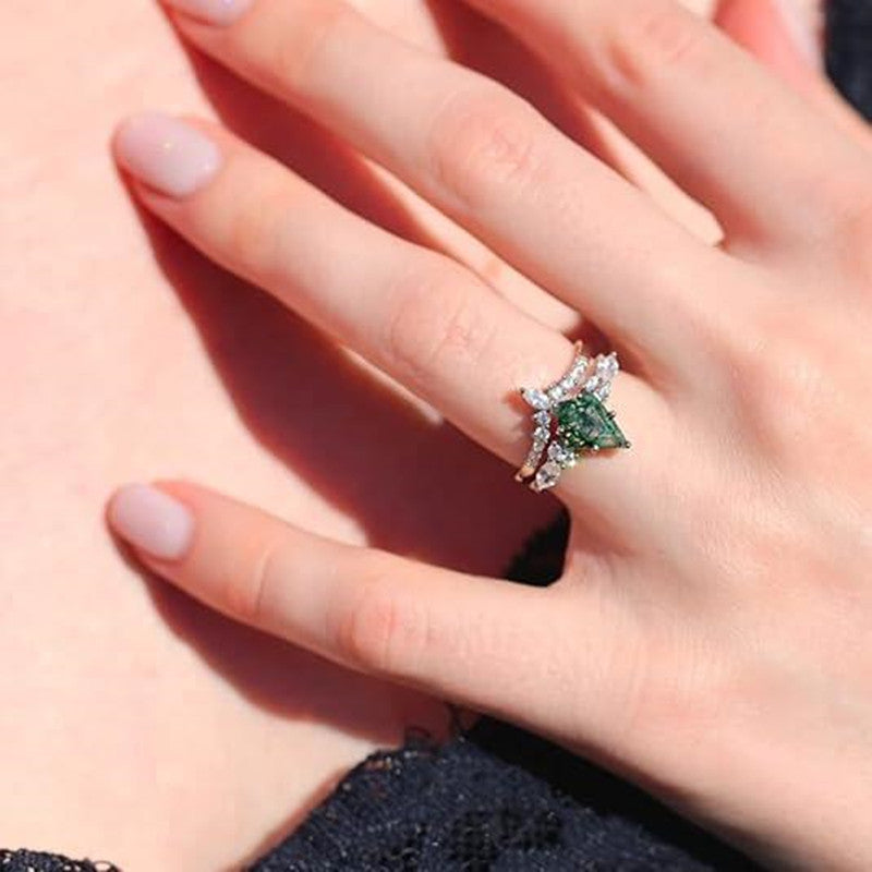 2pcs Fashion Rings Natural Green Moss Stone Agate Ring For Women Personalized Jewelry - Artigo Importado