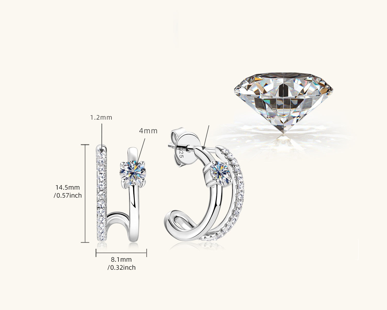 New S925 Sterling Silver Diamond Ear Stud Earring Women - Artigo Importado