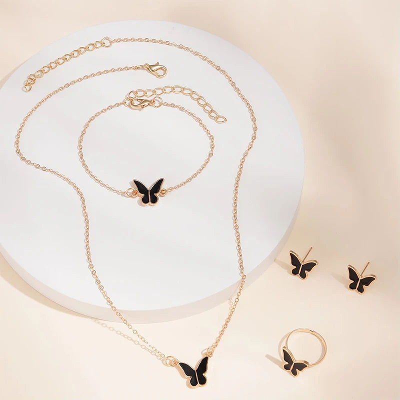 5PCS Fashion Butterfly Pendants Necklace Earrings Ring Bracelet Sets For Women Jewelry Set Bridal Wedding Jewelry Gift - Artigo Importado