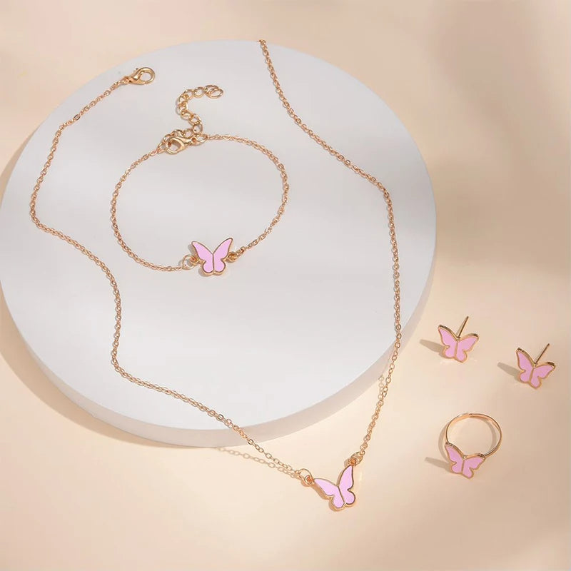 5PCS Fashion Butterfly Pendants Necklace Earrings Ring Bracelet Sets For Women Jewelry Set Bridal Wedding Jewelry Gift - Artigo Importado
