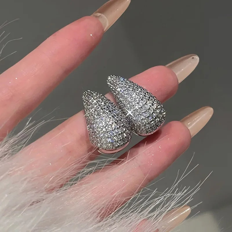 Fashion Jewelry Vintage Chunky Dome Drop Earrings For Women Glossy Stainless Steel Thick Zircon Inlaid Teardrop Earring Earrings Women - Artigo Importado