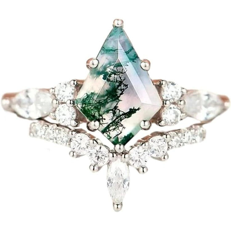 2pcs Fashion Rings Natural Green Moss Stone Agate Ring For Women Personalized Jewelry - Artigo Importado