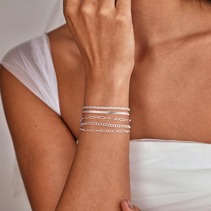 5pcs Silver Bracelets For Women, 14K Silver Plated Dainty Bracelets Set For Women Trendy Adjustable Stackable Bracelets - Artigo Importado