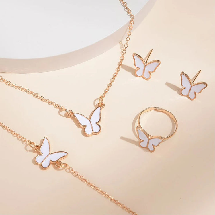 5PCS Fashion Butterfly Pendants Necklace Earrings Ring Bracelet Sets For Women Jewelry Set Bridal Wedding Jewelry Gift - Artigo Importado